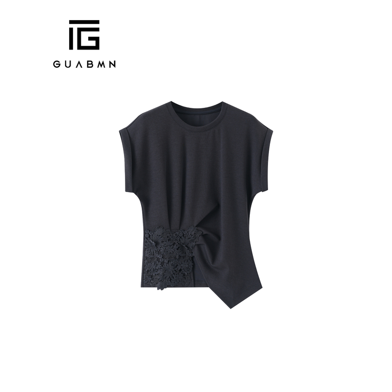 Guabmn2026 Spring New Style Lace Splicing Asymmetrical T-Shirt for Women, Loose and Slimming Short-Sleeved Top 6381