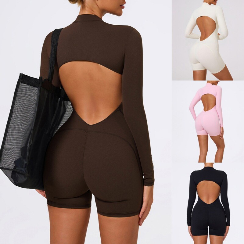 Amazon Foreign Trade Three-Point Yoga Pants New Long-Sleeved Tight-Fitting Running Tummy Control Peach-Shaped Sports Fitness Jumpsuit Shorts