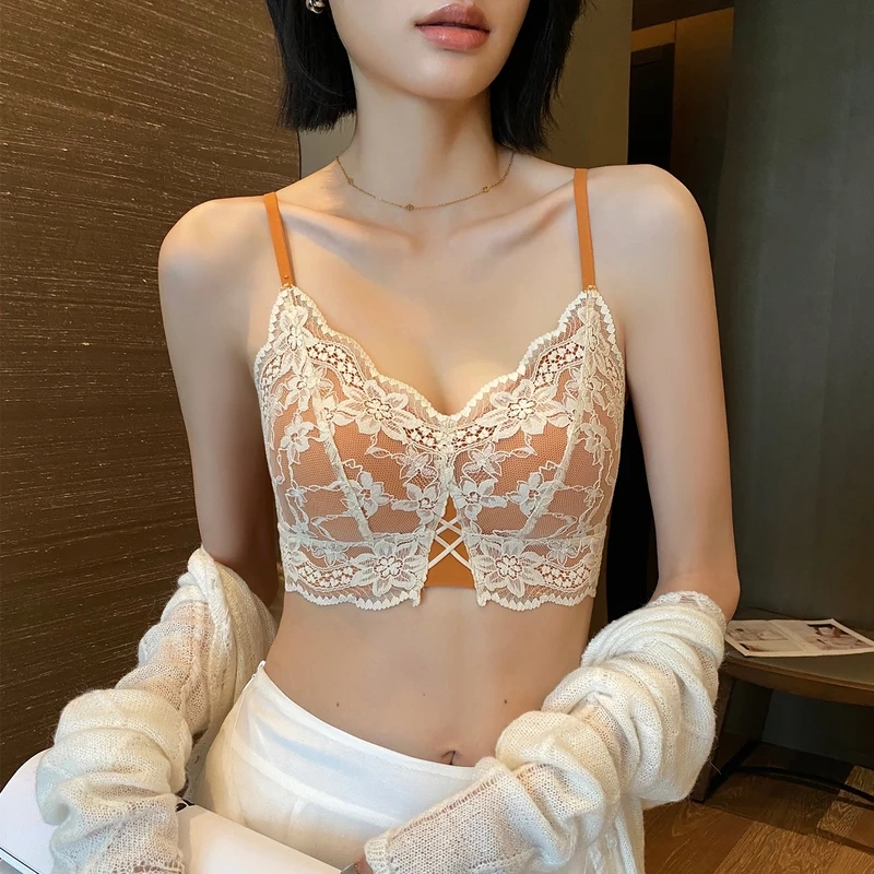 Qilei French Lace Lingerie for Women, Thin and Comfortable, Wireless, Sexy, Side Breast Gathering, Anti-Sagging, Tank Top Style Bra
