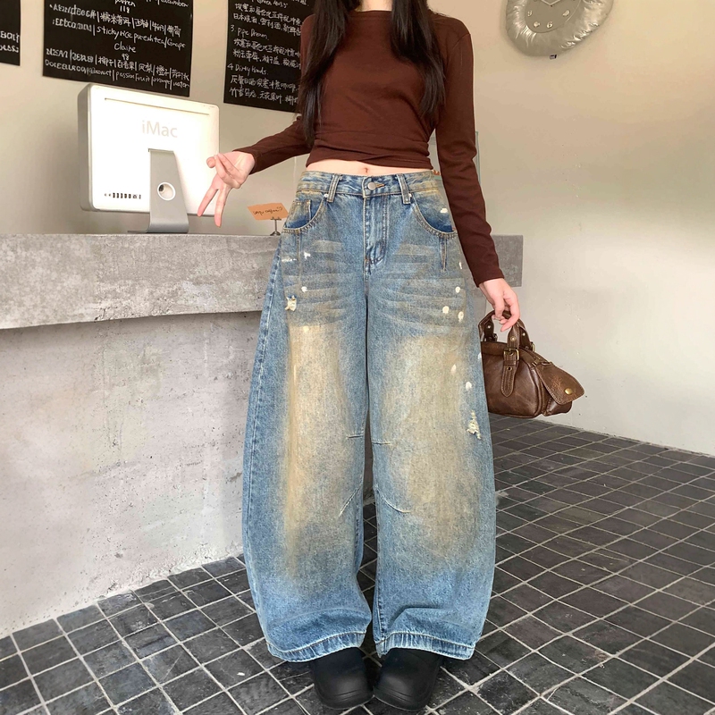Playful Diary American Retro Dirty-Dye Curved-Cut Jeans for Women, Street Style Loose Slimming Wide-Leg Draped Floor-Length Pants