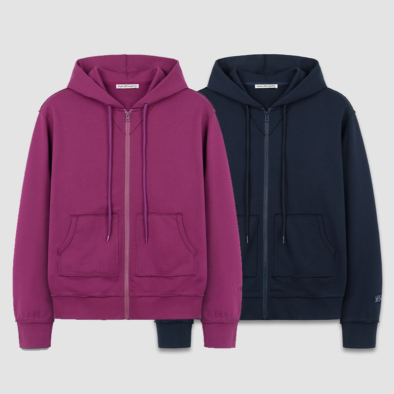 Everythingship Neighbor Hood Embroidered Raw Edge Design Hooded Zip-Up Sweatshirt Jacket