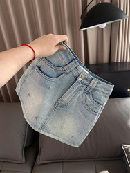 Plus-Size High-Waisted A-Line Rhinestone Denim Short Skirt for Women, Summer 2024 New Slim-Fit Short Bodycon Skirt Trendy