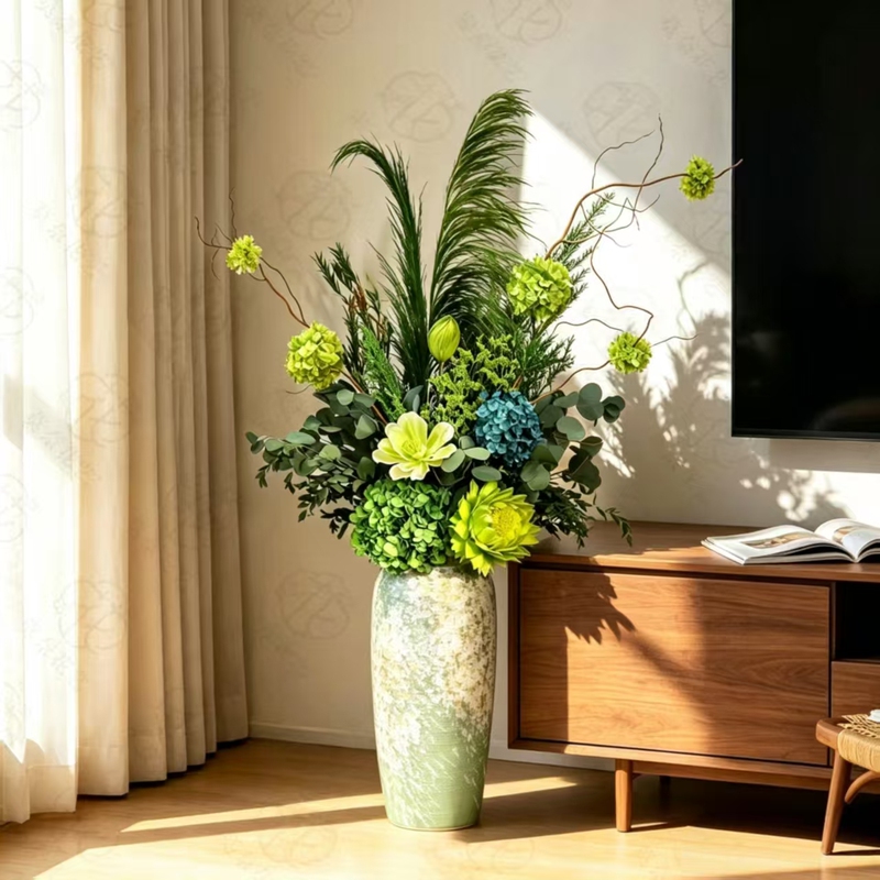 Floor-Standing Preserved Flowers, Real Artichoke and Hydrangea Flowers, Living Room Sofa Side Table, Entrance Hall Home Decoration
