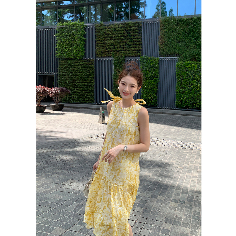 Maven Lin 1Oo Ramie Series | Gradient Print A-Line Yellow Dress Women's Vacation Sleeveless Tank Dress