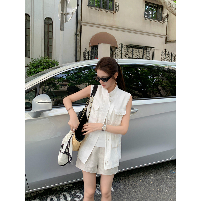 Maven Lin Neat and Classic 1Oo Linen Stand-Up Collar Vest Women's Commuter Casual Waist-Cinching Workwear Jacket Maven Lin Neat and Classic 1Oo Linen Stand-Up Collar Vest Women's Commuter Casual Waist-Cinching Workwear Jacket