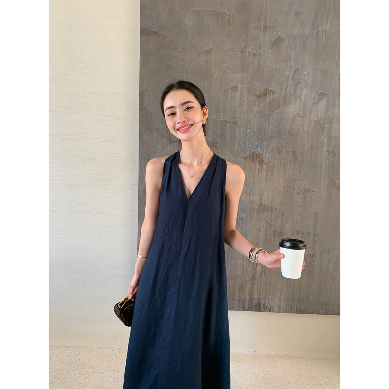 Maven Lin Minimalist High-Thread-Count 100% Linen V-Neck Halter Dress Women's Vacation Style Sleeveless Tank Long Dress