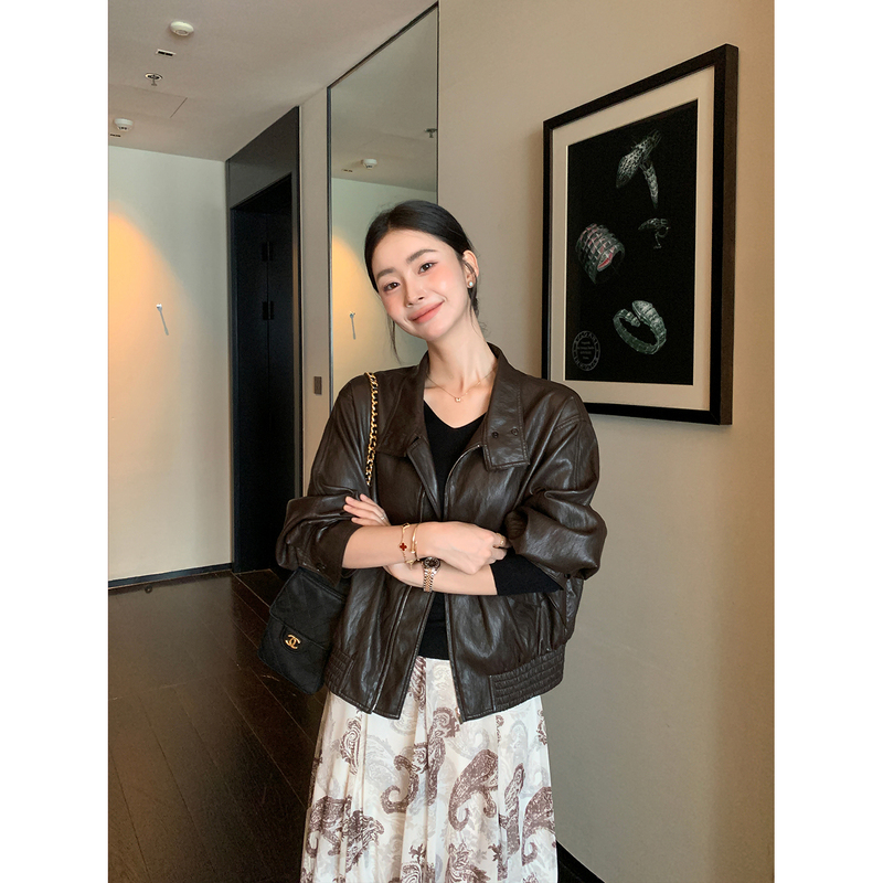 Maven Lin High-Quality Texture | Retro Black Stand-Up Collar Pu Leather Jacket Women's Short Style Leather Jacket
