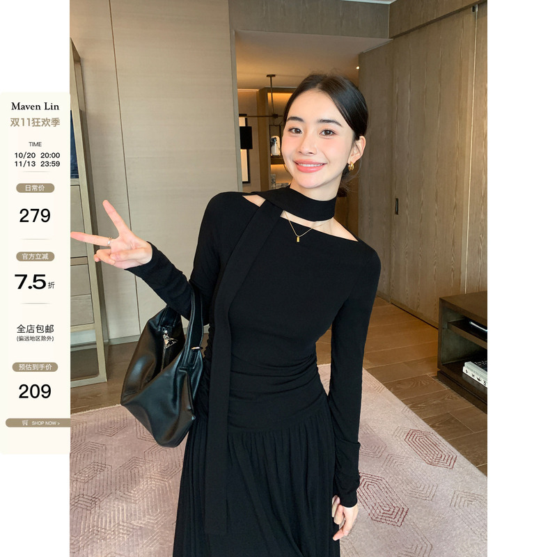 Maven Lin Ribbon Off-Shoulder Dress for Women, Autumn and Winter Long-Sleeve, Off-Shoulder, Waist-Cinching, Slimming, Elegant Long Dress Maven Lin Ribbon Off-Shoulder Dress for Women, Autumn and Winter Long-Sleeve, Off-Shoulder, Waist-Cinching, Slimming, Elegant Long Dress