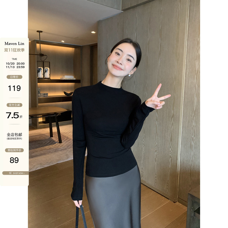 Maven Lin Black Half-Turtleneck Knit Sweater for Women, Autumn and Winter, Elegant, Slim-Fitting, Base Layer Top Maven Lin Black Half-Turtleneck Knit Sweater for Women, Autumn and Winter, Elegant, Slim-Fitting, Base Layer Top