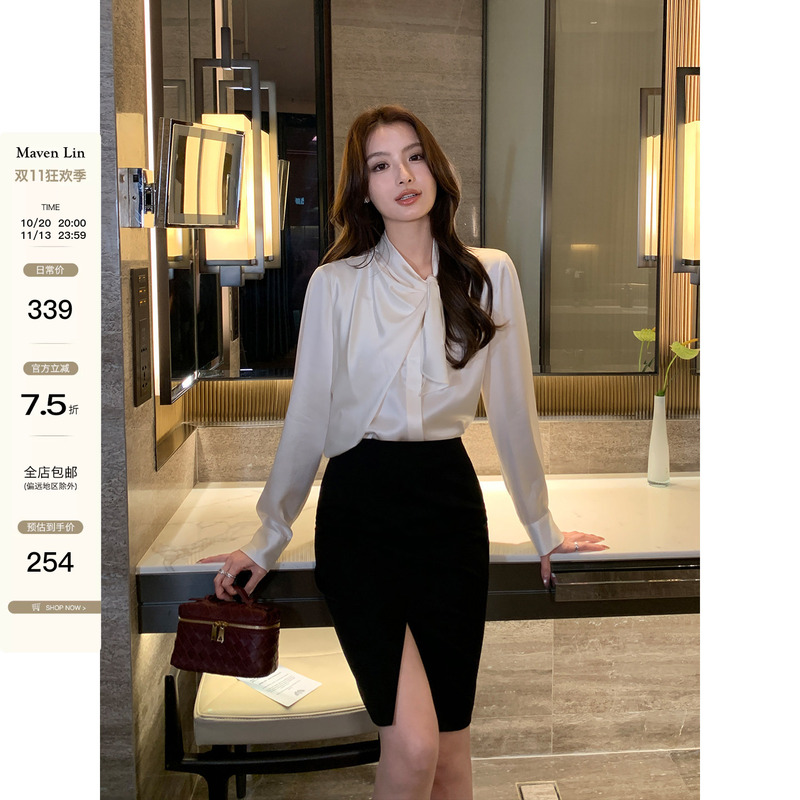 Maven Lin's Elegant Aura | Light Luxury Satin Shirt for Women with Design Ribbon Bow Long-Sleeved Shirt Maven Lin's Elegant Aura | Light Luxury Satin Shirt for Women with Design Ribbon Bow Long-Sleeved Shirt