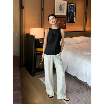 Maven lin linen ຊຸດເງິນເກົ່າແບບສະດວກສະບາຍວ່າງກາງເກງຂາກວ້າງຂອງແມ່ຍິງອອກແບບ striped trousers ຍາວພື້ນ.