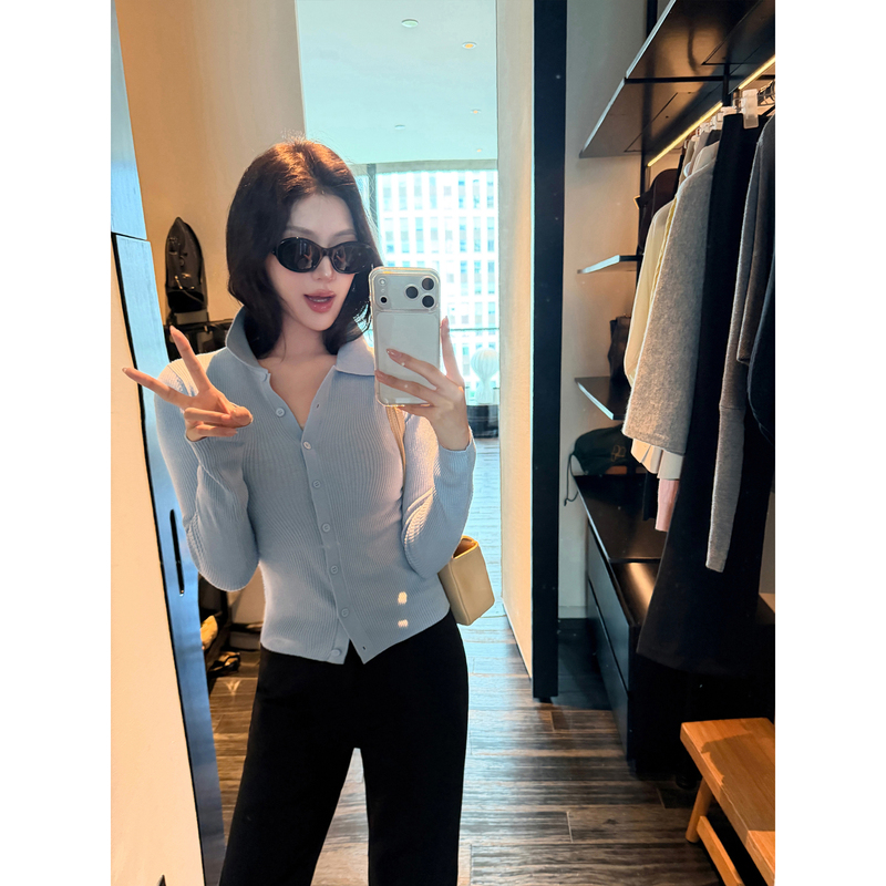 Maven Lin Wardrobe Essential: Simple and Elegant Polo Collar Long-Sleeve Knit Top for Women, Slim Fit for Commuting Maven Lin Wardrobe Essential: Simple and Elegant Polo Collar Long-Sleeve Knit Top for Women, Slim Fit for Commuting