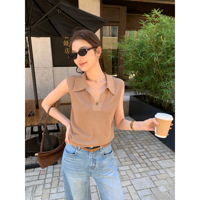 Maven Lin Light Business Style Hollow Texture Polo Collar Vest Women's Lapel Sleeveless Knitted Top Maven Lin Light Business Style Hollow Texture Polo Collar Vest Women's Lapel Sleeveless Knitted Top