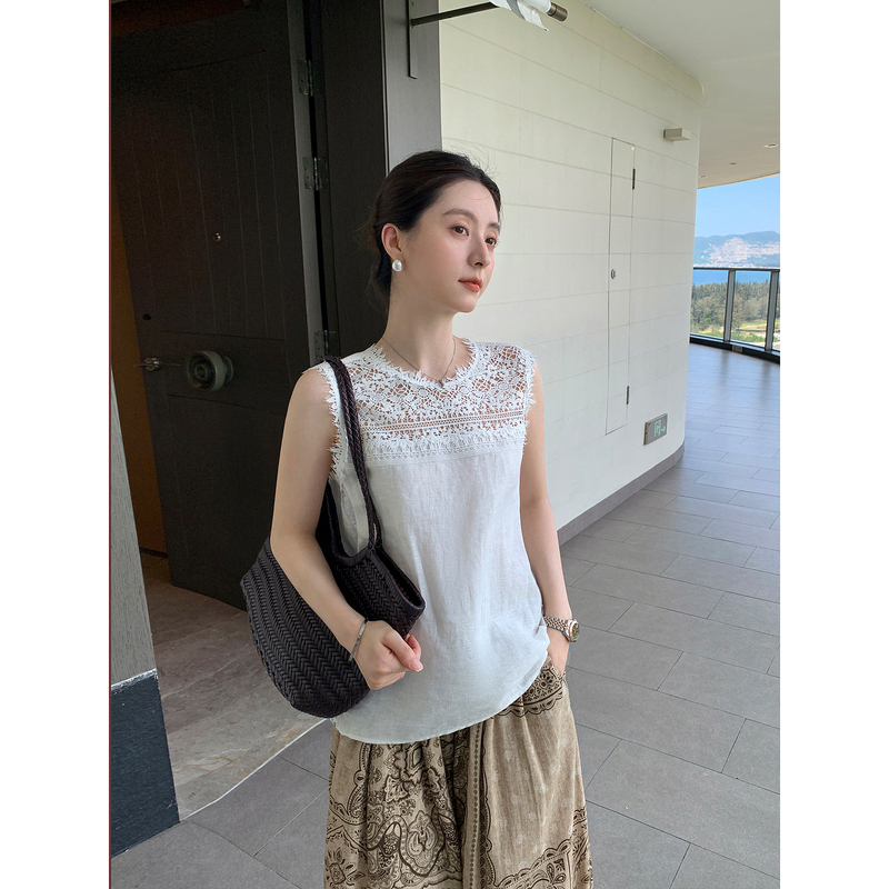 Maven Lin Heavy Embroidery 100% Linen Sleeveless Shirt for Women with Lace Patchwork, Loose and Elegant Top