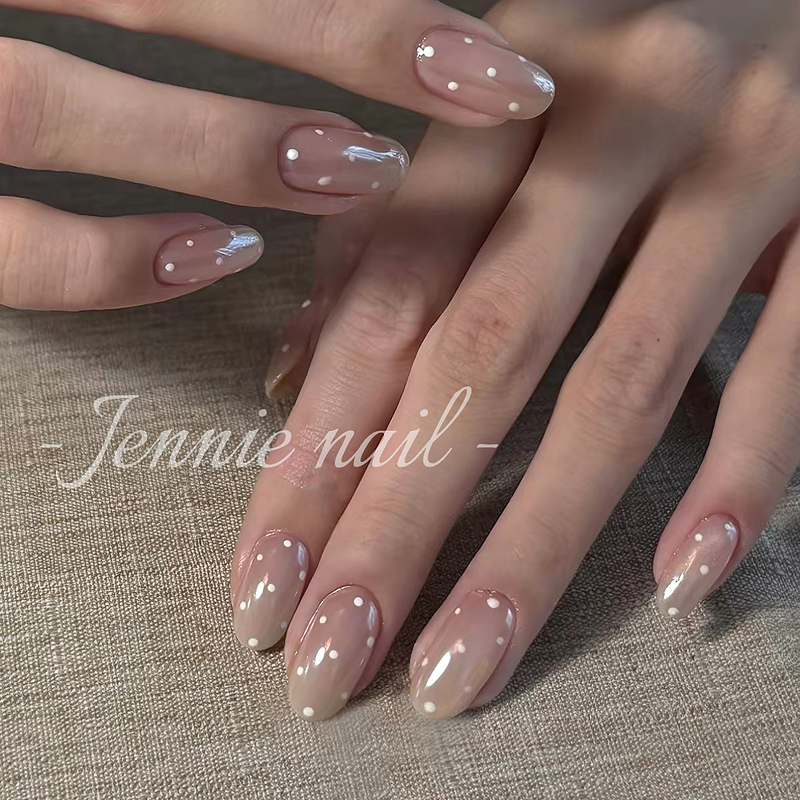 Handmade Nude Color Haili Press-On Nails White Polka Dot Short Manicure 2026 New Summer Korean Style ins Medium Oval