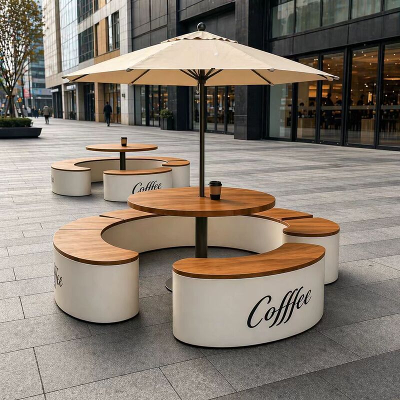 Commercial Street Outdoor Rest Area with Anti-Corrosion Plastic-Wood Table and Chair Set, Scenic Area Leisure Seating with Umbrella, Outdoor Seating Furniture Commercial Street Outdoor Rest Area with Anti-Corrosion Plastic-Wood Table and Chair Set, Scenic Area Leisure Seating with Umbrella, Outdoor Seating Furniture