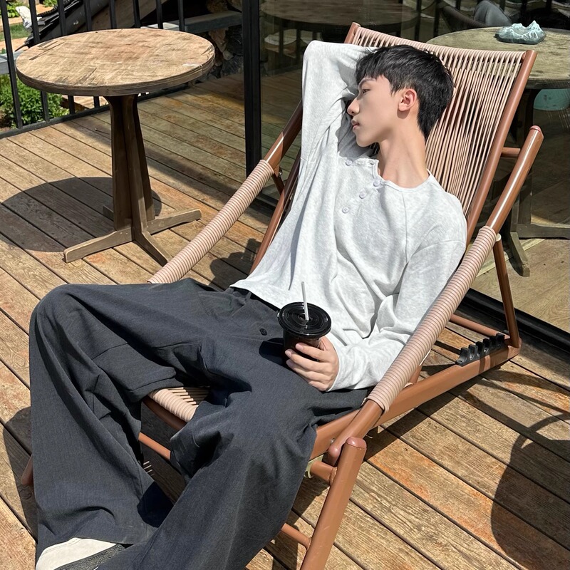 Roornlsh Korean Style Casual and Relaxed Shoulder-Button Henry Collar Long-Sleeve T-Shirt, Thin Base Layer Top for Men and Women