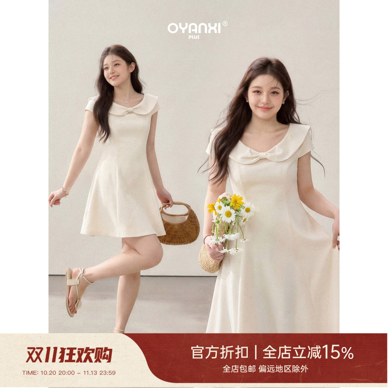 Ouyang Xiwei, the Slightly Chubby "Princess Jenny," Plus-Size Doll Collar Bow Dress for Women, Summer Waist-Cinching Princess Dress