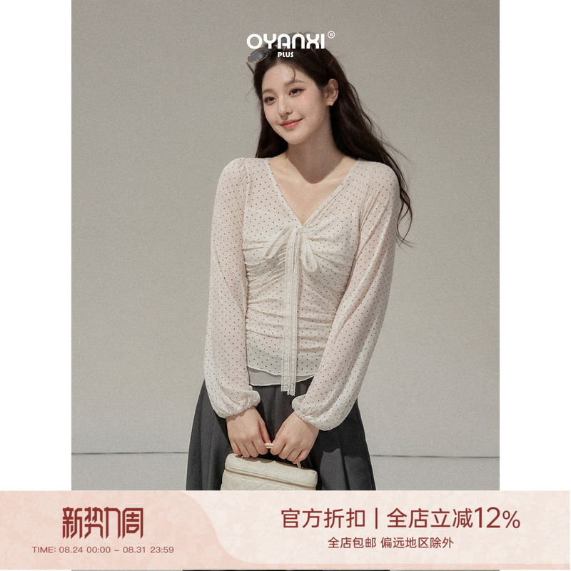 Ouyang Xiwei's New Plus-Size White Polka Dot V-Neck T-Shirt for Women, Autumn Waist-Cinching Lace Top