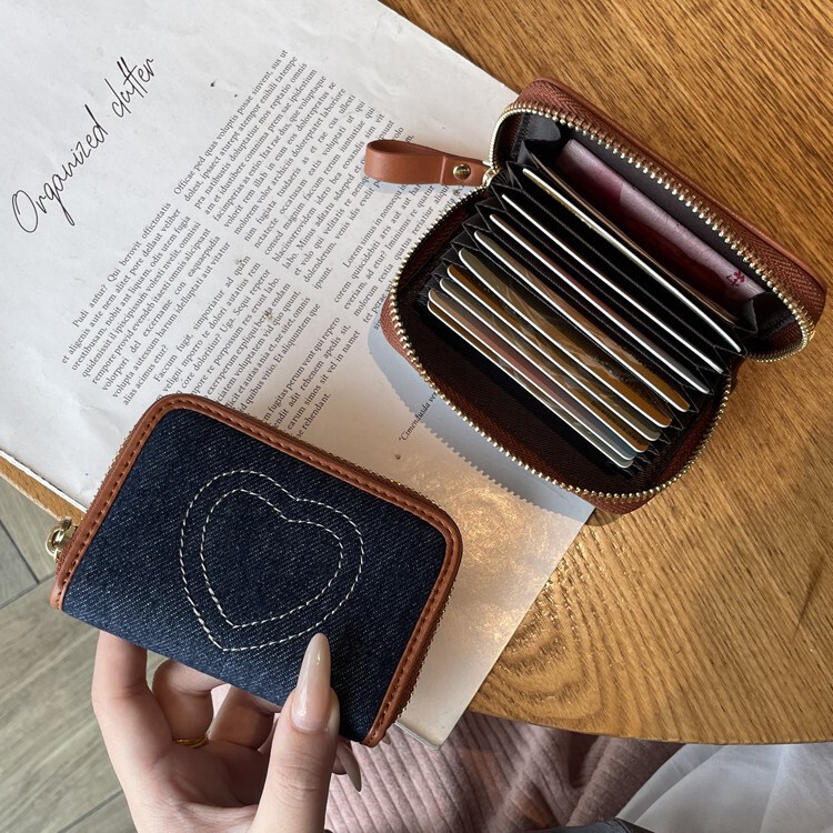 2026 New Zipper Card Holder Retro Denim Heart Embroidery Accordion Card Holder Large Capacity Simple Coin Purse for Women
