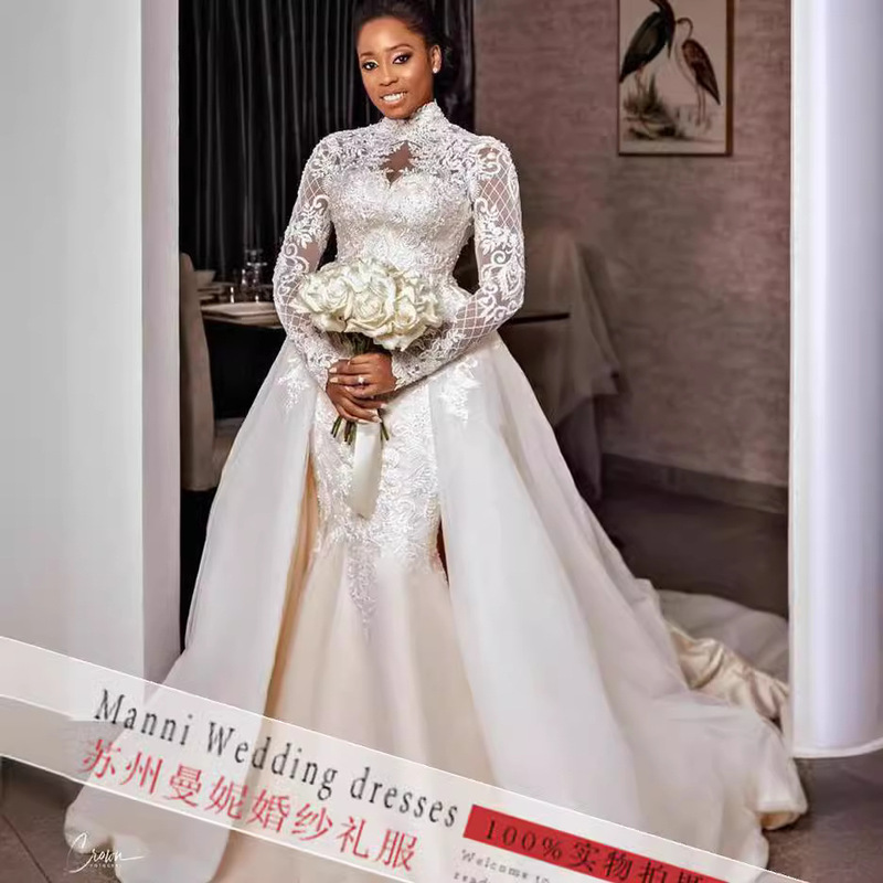New Foreign Trade Wedding Dresses on Aliexpress, African Cross-Border Bridal Lace Long-Sleeve Stand-Up Collar Wedding Dress Manufacturer Supply New Foreign Trade Wedding Dresses on Aliexpress, African Cross-Border Bridal Lace Long-Sleeve Stand-Up Collar Wedding Dress Manufacturer Supply