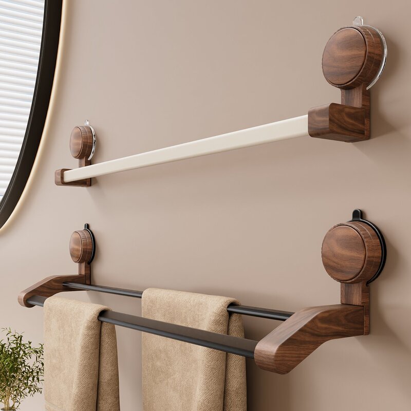 Suction Cup Towel Rack Walnut Wood Mid-Century Style No-Drill Bathroom Storage Rack Wall-Mounted Towel Bar Bathroom Towel Hanger