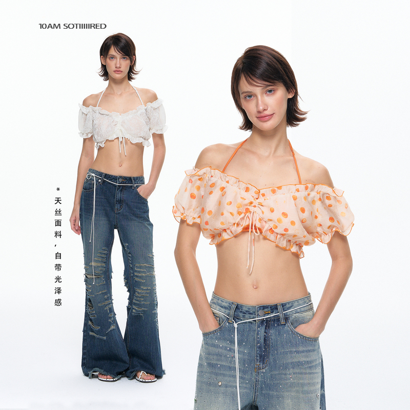 10Amsotiiiiired Hot Girl Pure Desire Vacation Style Textured Waist-Revealing Printed Short Top