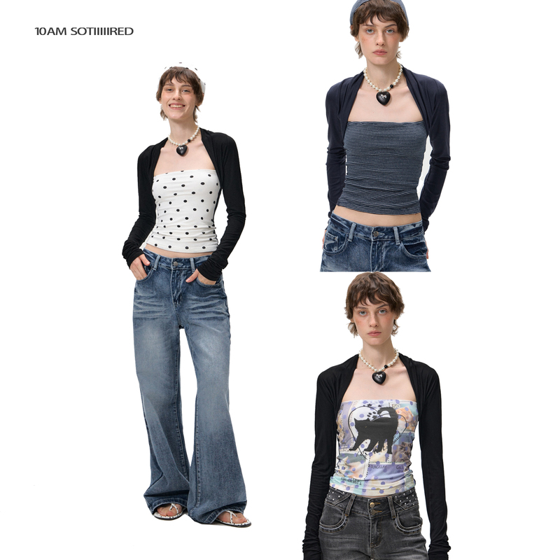 10Amsotiiiiired Fake Two-Piece Vest Tube Top Knitted Top for Women Early Spring Design Printed Long-Sleeve T-Shirt