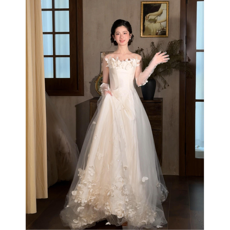 Satin Light Wedding Dress 2026 New Engagement Dress Robe Female Bride Toast Dress Simple Petite Going-Out Dress Satin Light Wedding Dress 2026 New Engagement Dress Robe Female Bride Toast Dress Simple Petite Going-Out Dress