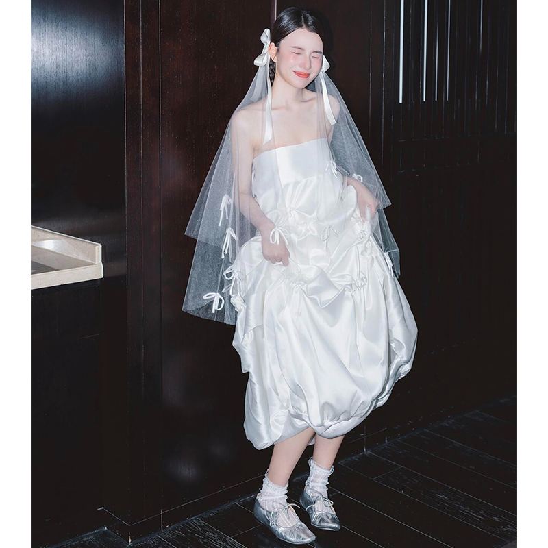 Satin Light Wedding Dress 2026 New Short Style Petite Engagement Dress for Marriage Registration, Going-Out Dress, Niche Bridal Robe for Women