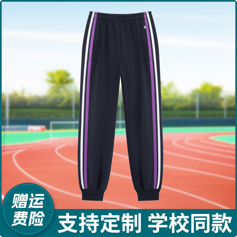 Hanzhong Longgang Middle and High School Student Uniform Pants, Navy Blue with Two Stripes, Purple and White Stripes, Navy Blue School Pants, Summer Thin Style