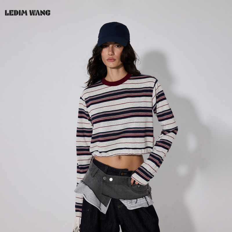 Ledim Wang American Retro Contrast Stripesd Long-Sleeved T-Shirt for Women 26 Autumn New Casual Loose Short Top