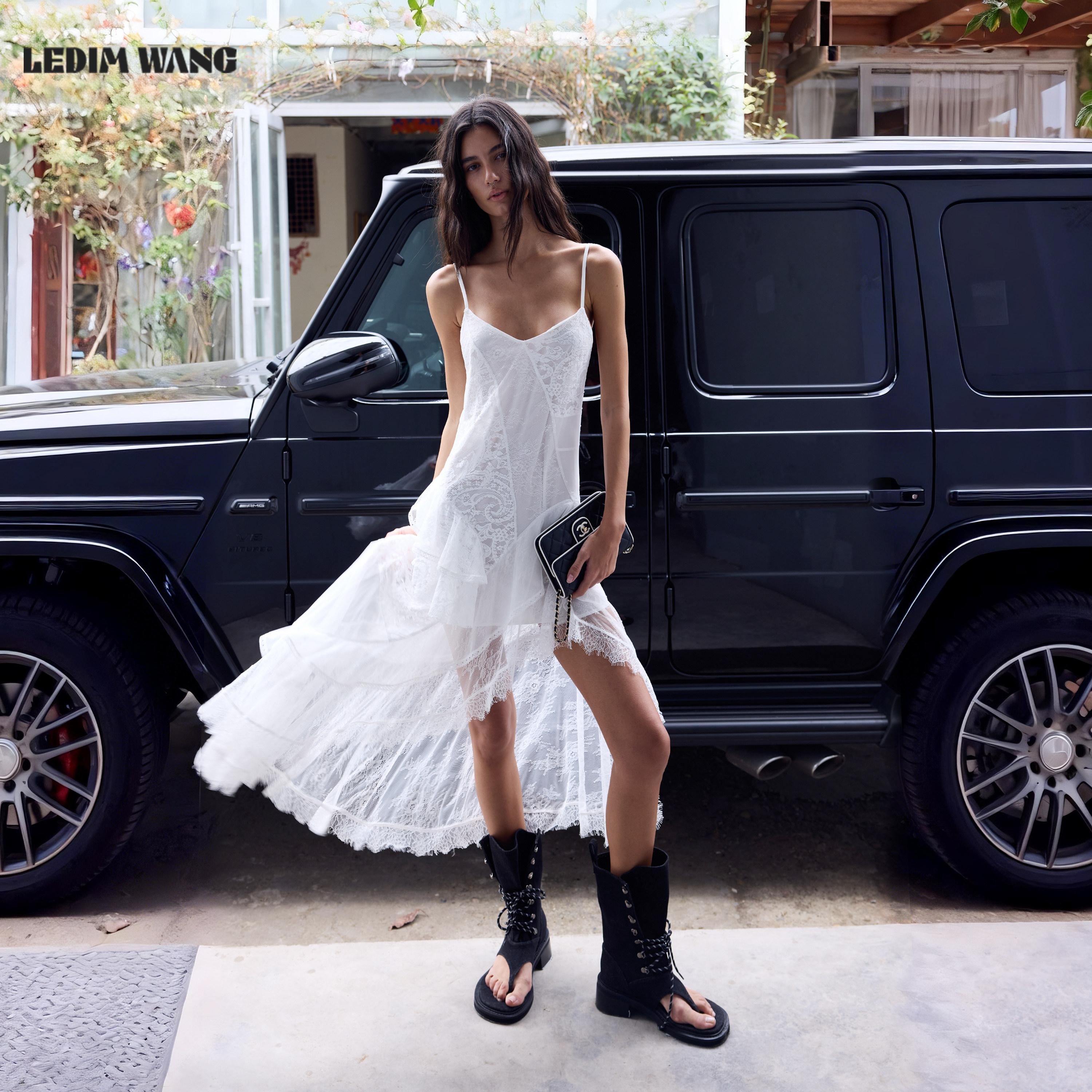 【明星同款】LEDIM WANG蕾丝吊带连衣裙女度假辣妹长裙26夏季新款
