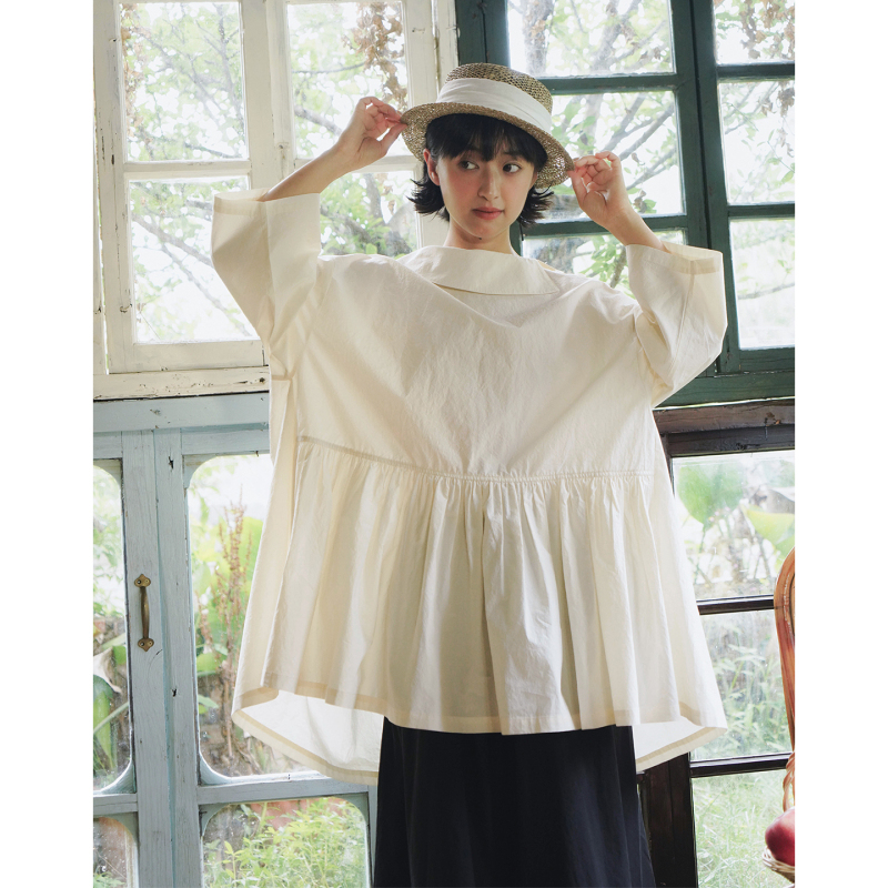Jevotique Original Japanese-Style Beige Blouse, Loose Babydoll Shirt, Pure Cotton, Designer Niche Shirt