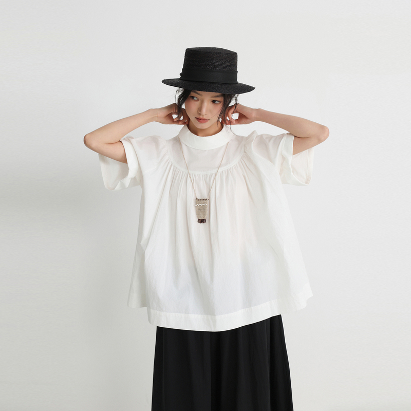 Jevotique Original Japanese-Style Round Collar Long-Staple Cotton Doll Shirt Spring and Summer Loose Pleated Top