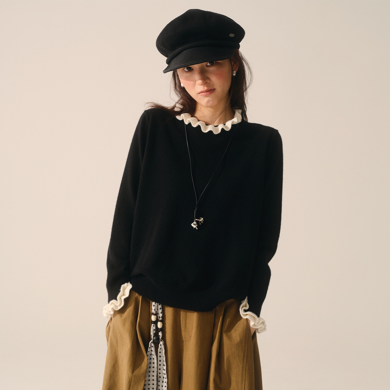 Jevotique Retro Color-Blocked Ruffled Edge Pullover Knit Top Wool Blend Sweater