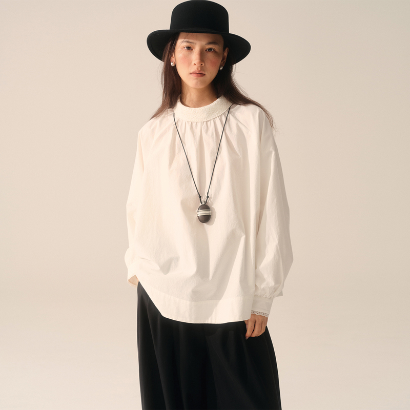 Jevotique Lace Patchwork Striped Linen Round Collar Shirt Long-Staple Cotton Vintage Long-Sleeve Top