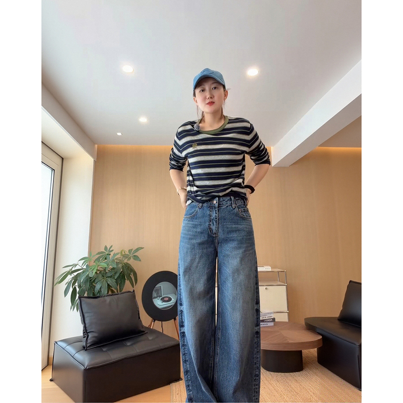 Love Nature Ajde Pr Color-Washed Whiskered Straight-Leg Jeans for Women, Autumn Vintage Washed High-Waisted Loose Long Pants