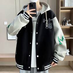 Hooded Jacket for Male Middle and High School Students, Stylish Printed Casual Top, Baseball Jacket, Men's Spring and Autumn Color-Blocking Patchwork