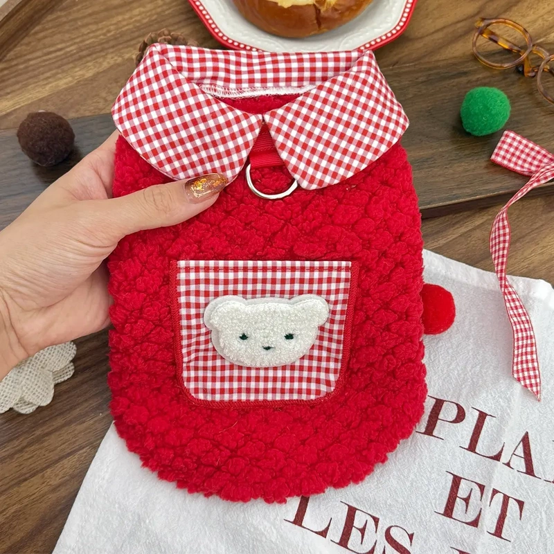 New Autumn and Winter Fleece-Lined Warm Furry Vest with Pockets for Small and Medium-Sized Pets, Cats and Dogs, with Leash Attachment, Teddy Bichon Sweatshirt