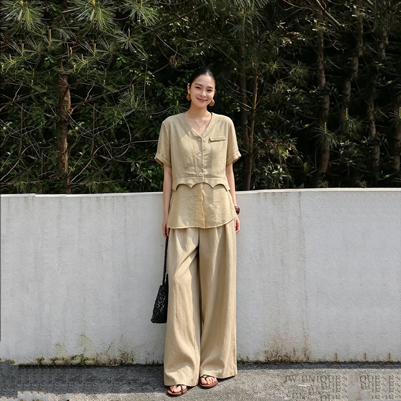 【Enjia】【346】New Style Loose and Versatile V-Neck Shirt with Printed Elastic Waist Pants Set 26618724 【Enjia】【346】New Style Loose and Versatile V-Neck Shirt with Printed Elastic Waist Pants Set 26618724