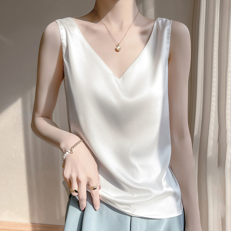 Summer Silk Camisole for Women, Paired with a Suit Vest, White Acetate Satin V-Neck Sleeveless Base Shirt Top