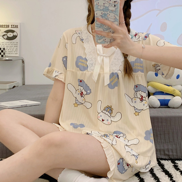 dg2 ໃຫມ່ Summer Korean Style Sweet Home Clothes Pajamas Lace Pajamas Women Cartoon Short Sleeve Shorts Set