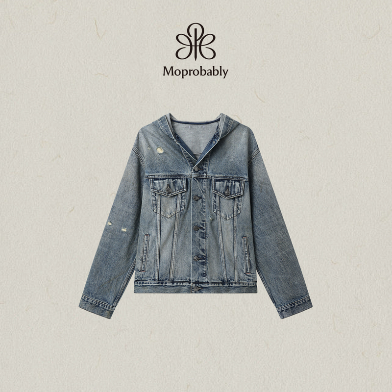 Moprobably Li Yuno's "Wasteland Impression" Vintage Distressed Blue Ripped Hooded Denim Jacket Is Versatile Moprobably Li Yuno's "Wasteland Impression" Vintage Distressed Blue Ripped Hooded Denim Jacket Is Versatile
