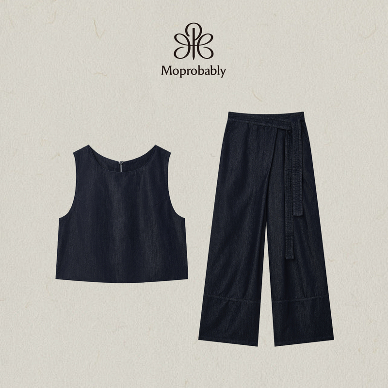 Moprobably Li Ynuo's "Blue Heart Set" Original Cow Tencel Cotton Vest and Wide-Leg Pants Fashionable Two-Piece Set Moprobably Li Ynuo's "Blue Heart Set" Original Cow Tencel Cotton Vest and Wide-Leg Pants Fashionable Two-Piece Set