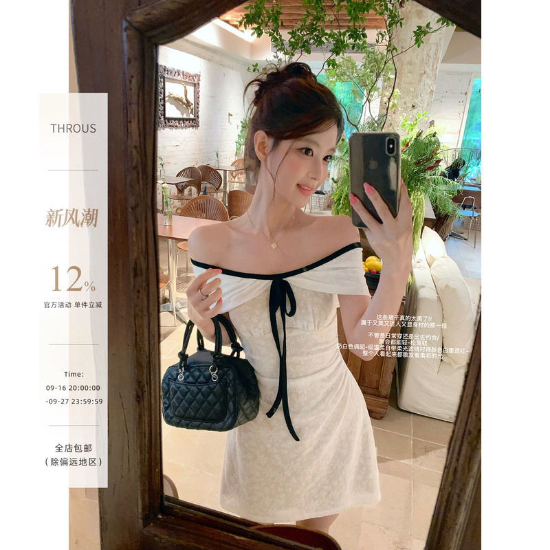 Xie Bu Rou One-Shoulder White Waist-Cinching Dress for Women, Summer French-Style Elegant Design, Off-Shoulder A-Line Short Dress Xie Bu Rou One-Shoulder White Waist-Cinching Dress for Women, Summer French-Style Elegant Design, Off-Shoulder A-Line Short Dress