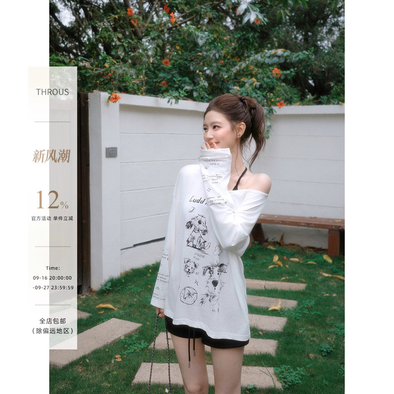Xie Bu Rou White Printed Off-Shoulder Thin Sun-Protective Long-Sleeve T-Shirt for Women, Autumn Loose Casual Off-Shoulder Blouse Top Xie Bu Rou White Printed Off-Shoulder Thin Sun-Protective Long-Sleeve T-Shirt for Women, Autumn Loose Casual Off-Shoulder Blouse Top