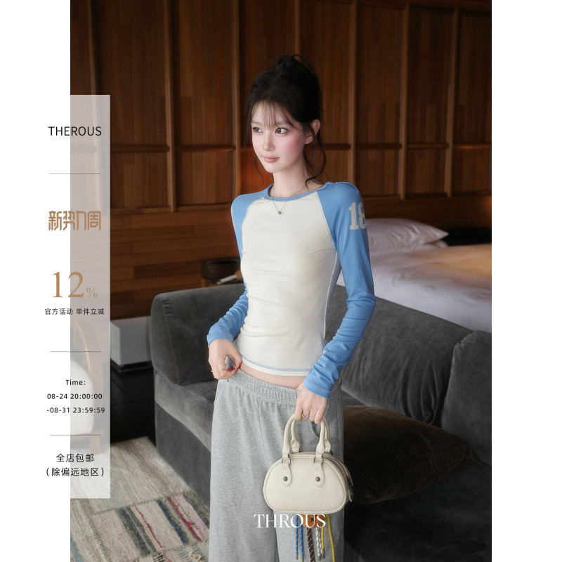 Xie Bu Rou Lyocell Printed Letter Color-Block Long-Sleeve T-Shirt for Women, Summer Korean Style Slim-Fit Short Top Xie Bu Rou Lyocell Printed Letter Color-Block Long-Sleeve T-Shirt for Women, Summer Korean Style Slim-Fit Short Top