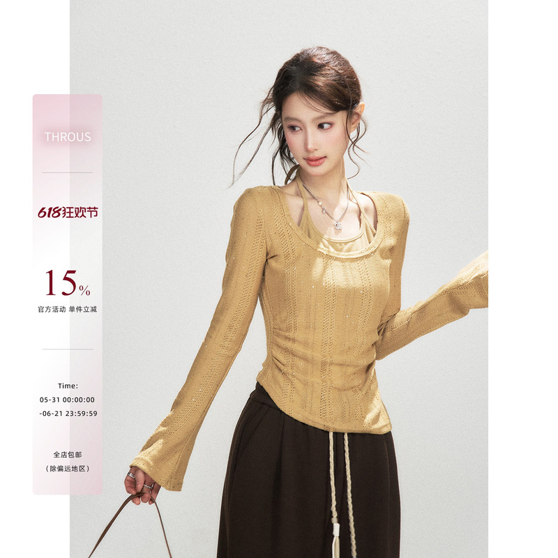 Xie Bu Rou Fake Two-Piece Halter Neck Rhinestone Bell Sleeve T-Shirt for Women, Early Spring New Korean Style Hollow-Out Design Top