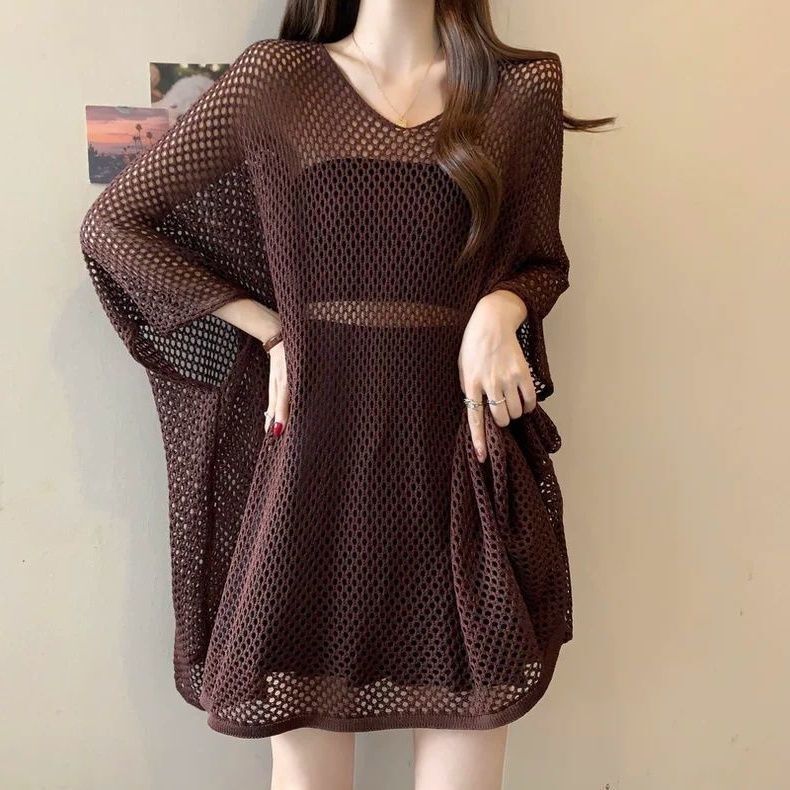 Hollow-Out Batwing Sleeve Knit Sweater, Mid-Length Sun Protection Cover-Up, Plus Size, Summer Mesh Knit Outerwear with Nine-Quarter Sleeves Hollow-Out Batwing Sleeve Knit Sweater, Mid-Length Sun Protection Cover-Up, Plus Size, Summer Mesh Knit Outerwear with Nine-Quarter Sleeves